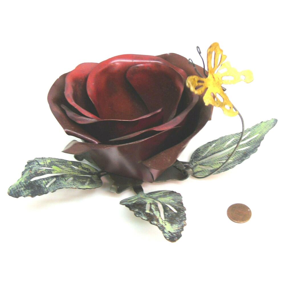 Metal 5" Red Rose Flower CANDLE HOLDER Votive Tealight Decor Brass Butterfly NWT